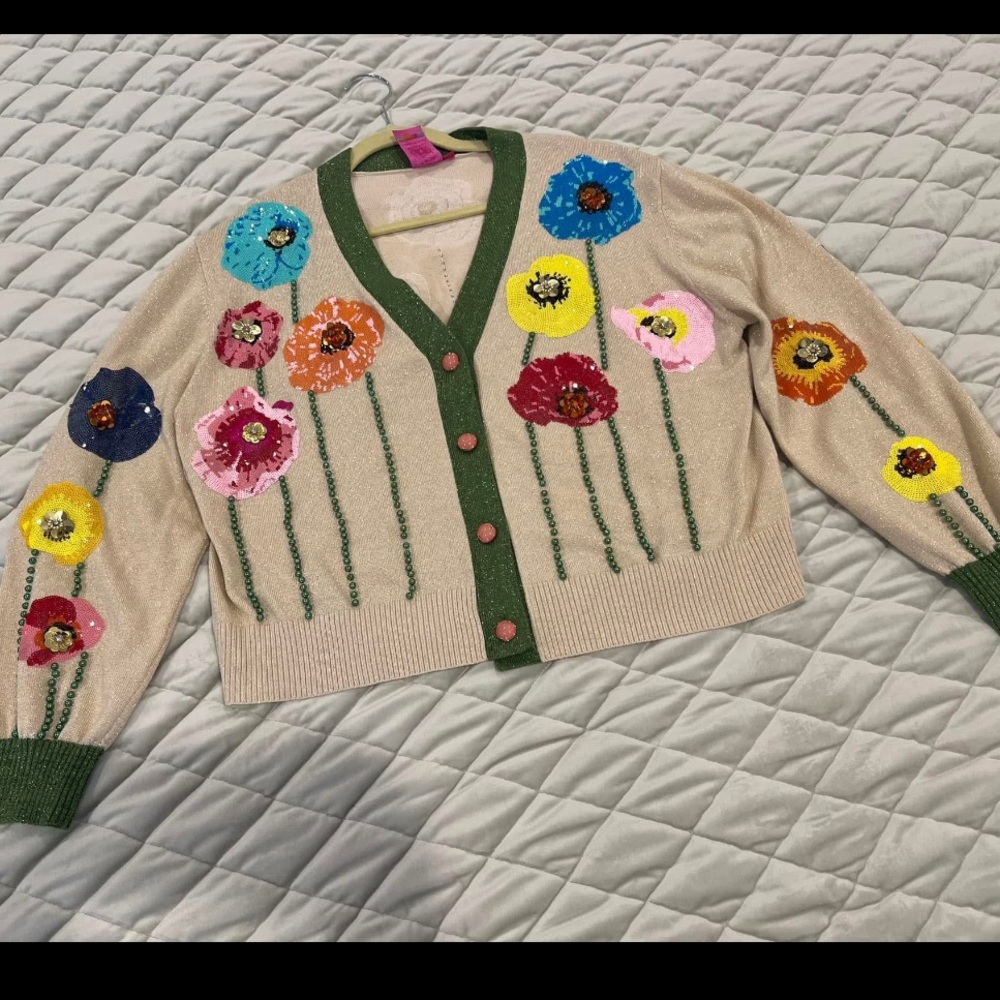 Floral Embroidered Cardigan with Green Trim